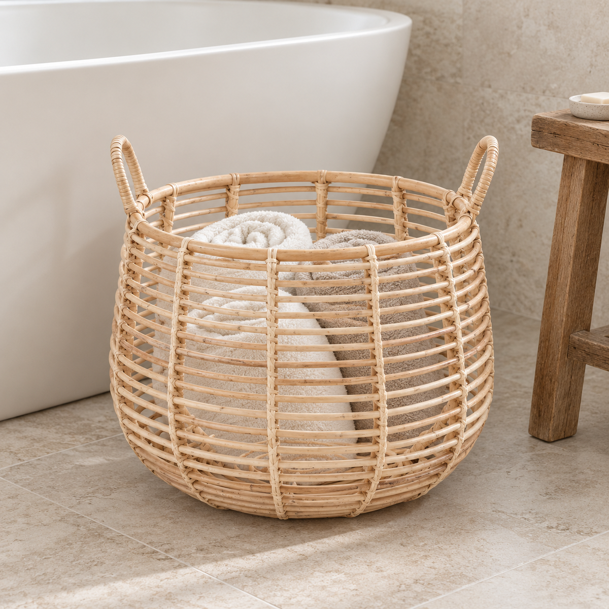 Amelia handcrafted rattan basket holding rolled towels beside a freestanding bathtub.