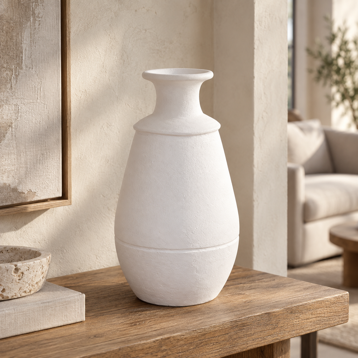 Anaya handcrafted white terracotta vase with an elongated body and flared opening