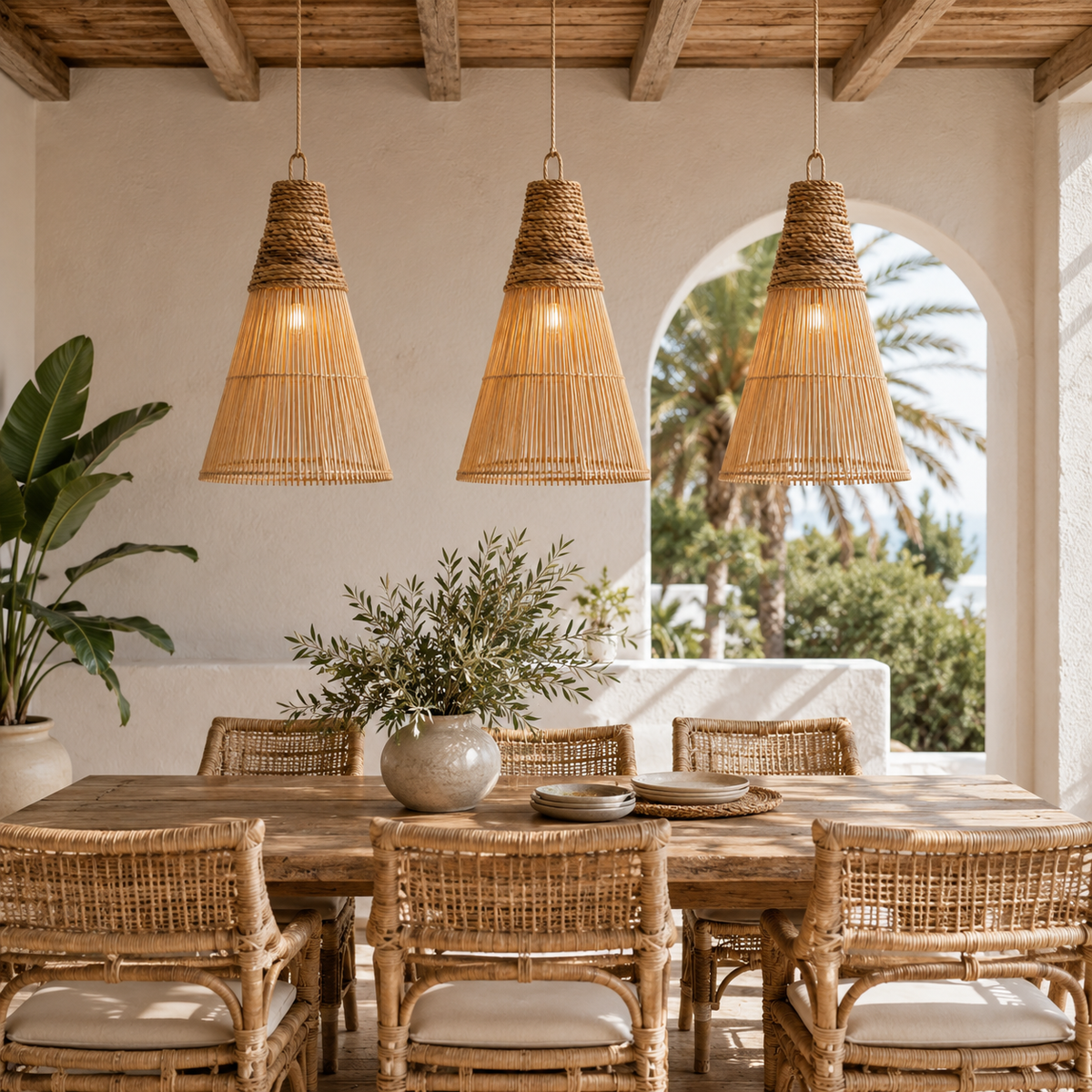 Anya Rattan Pendant Light – Handwoven Bell-Shaped Coastal Hanging Lamp