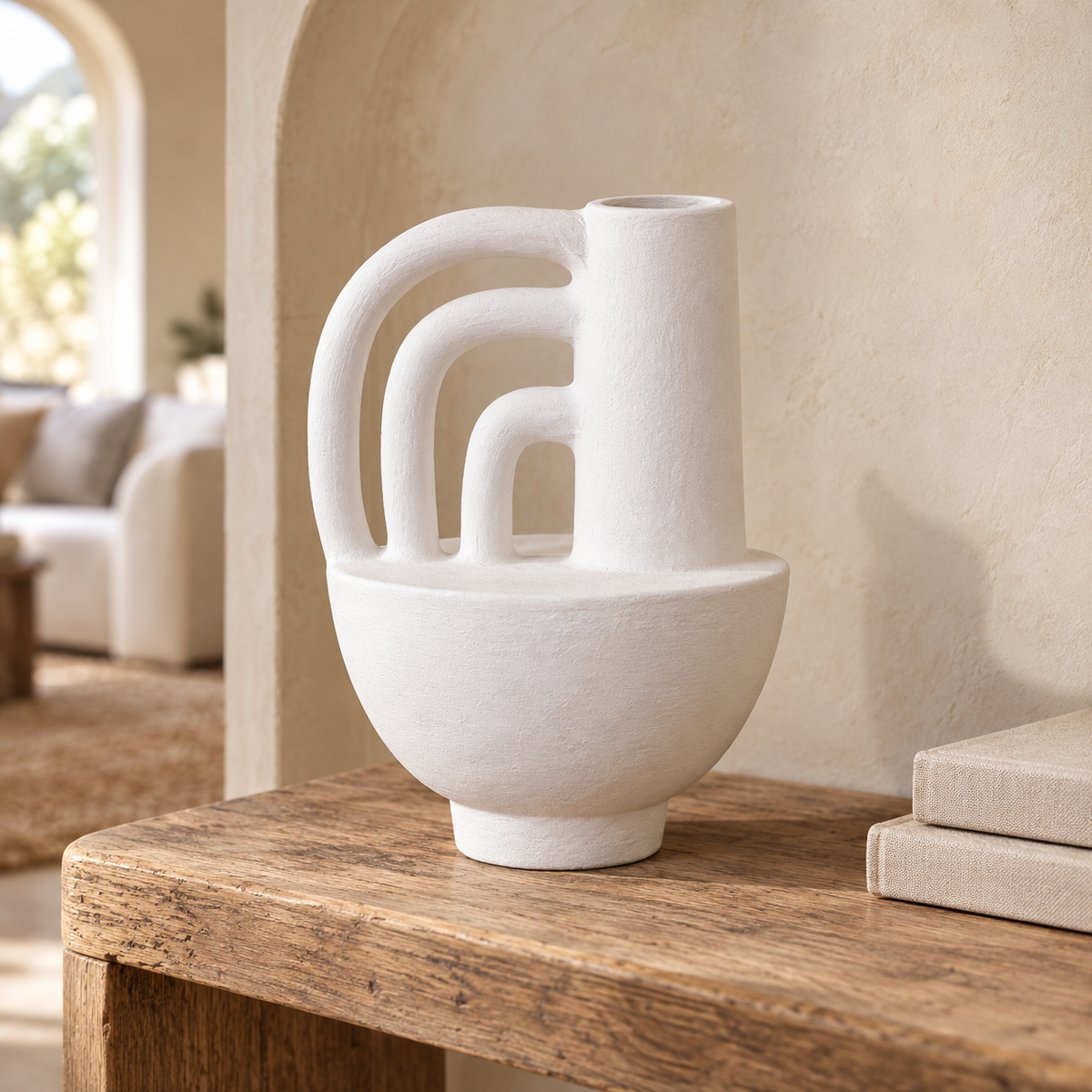 Aruna sculptural white terracotta vase with a rounded body and three nested arch details