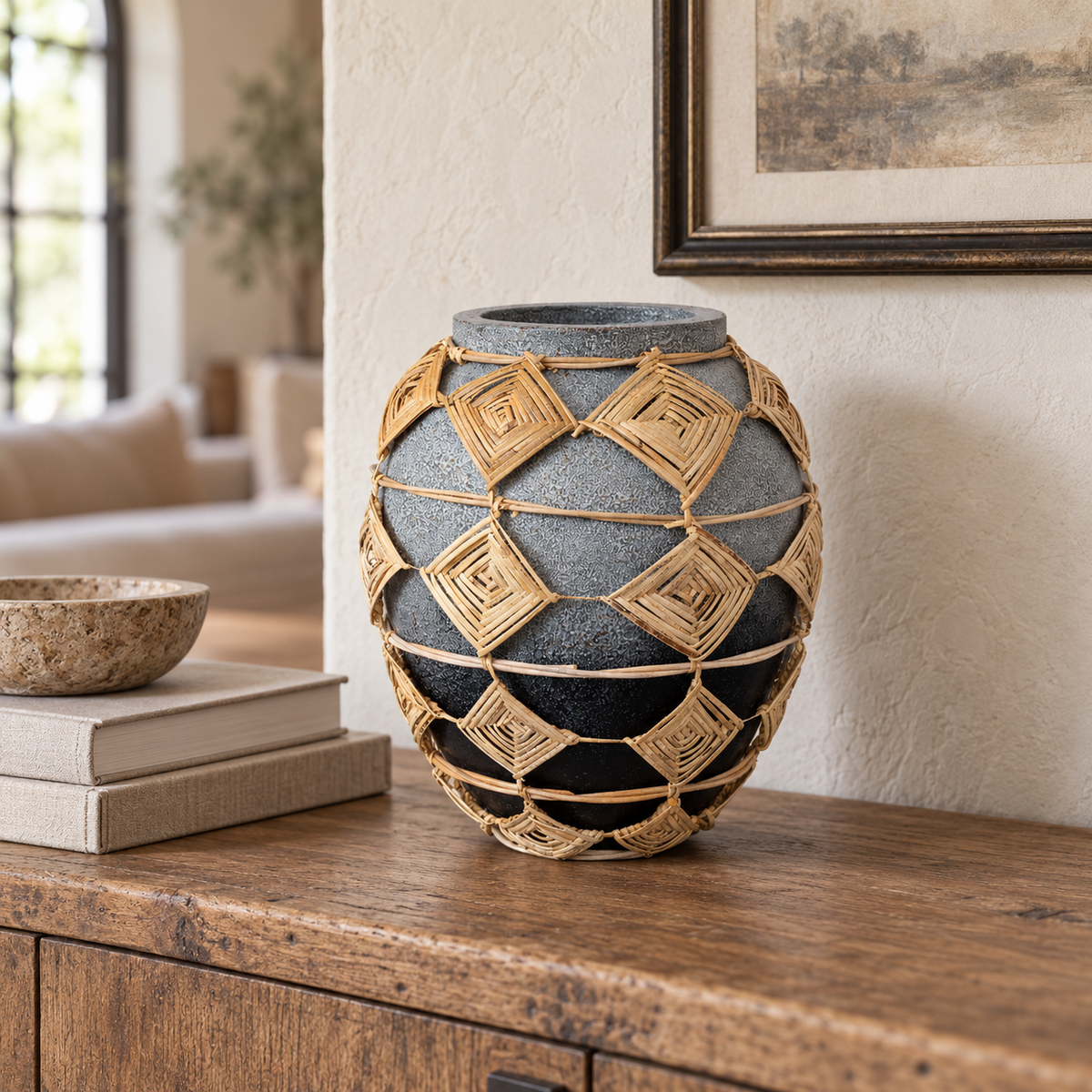 Aylani charcoal terracotta vase with handwoven geometric lattice