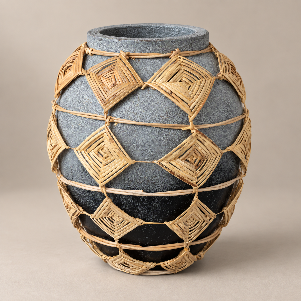 Aylani Charcoal Terracotta Vase with Handwoven Rattan Lattice