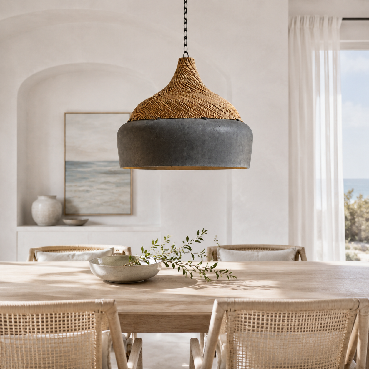 Bent Handcrafted Cement Fiber & Rattan Pendant Light