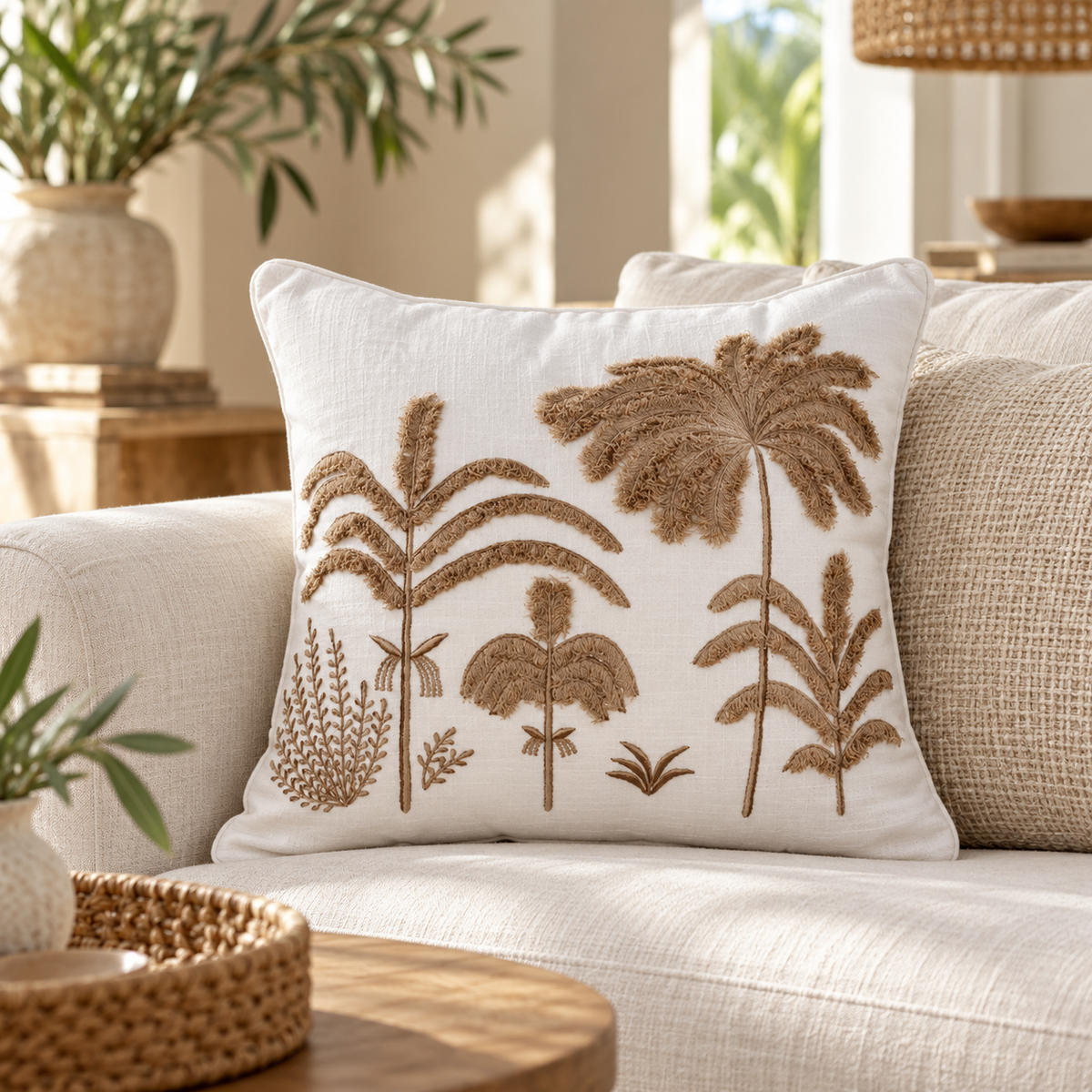 Brown Palm Forest Embroidered Linen Pillow Cover