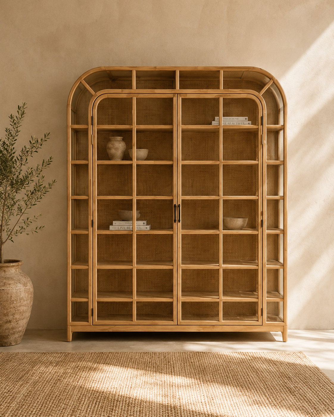 Salem Rattan Display Cabinet with Glass Doors – Natural