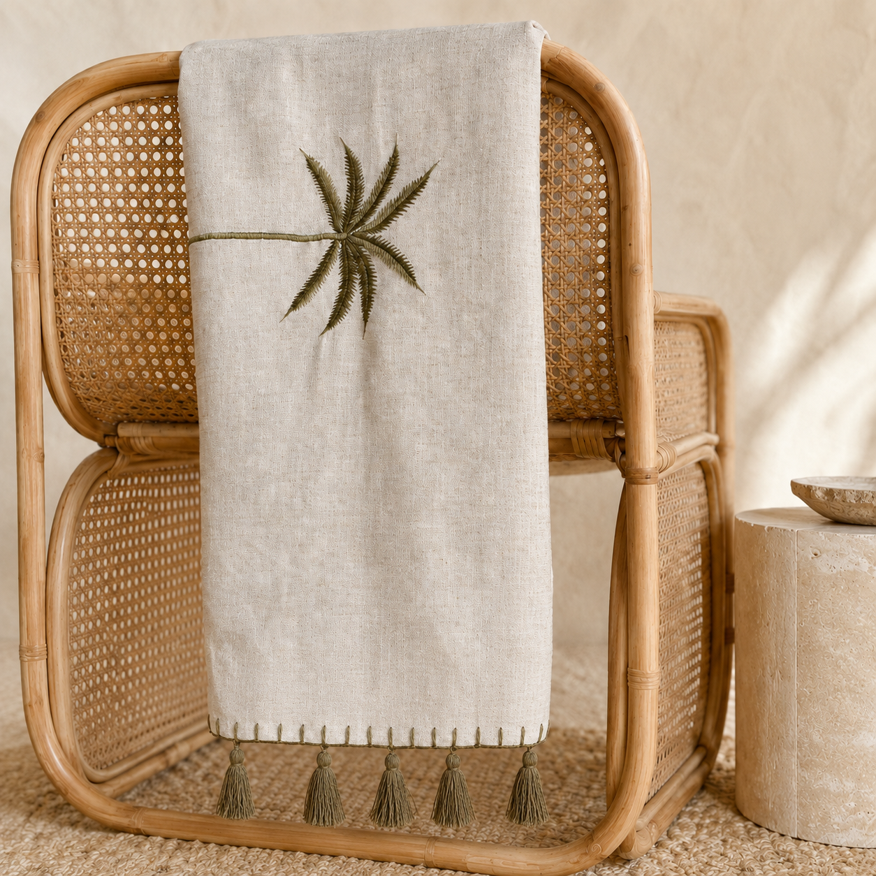 Lillian Palm-Embroidered Linen Throw – Natural
