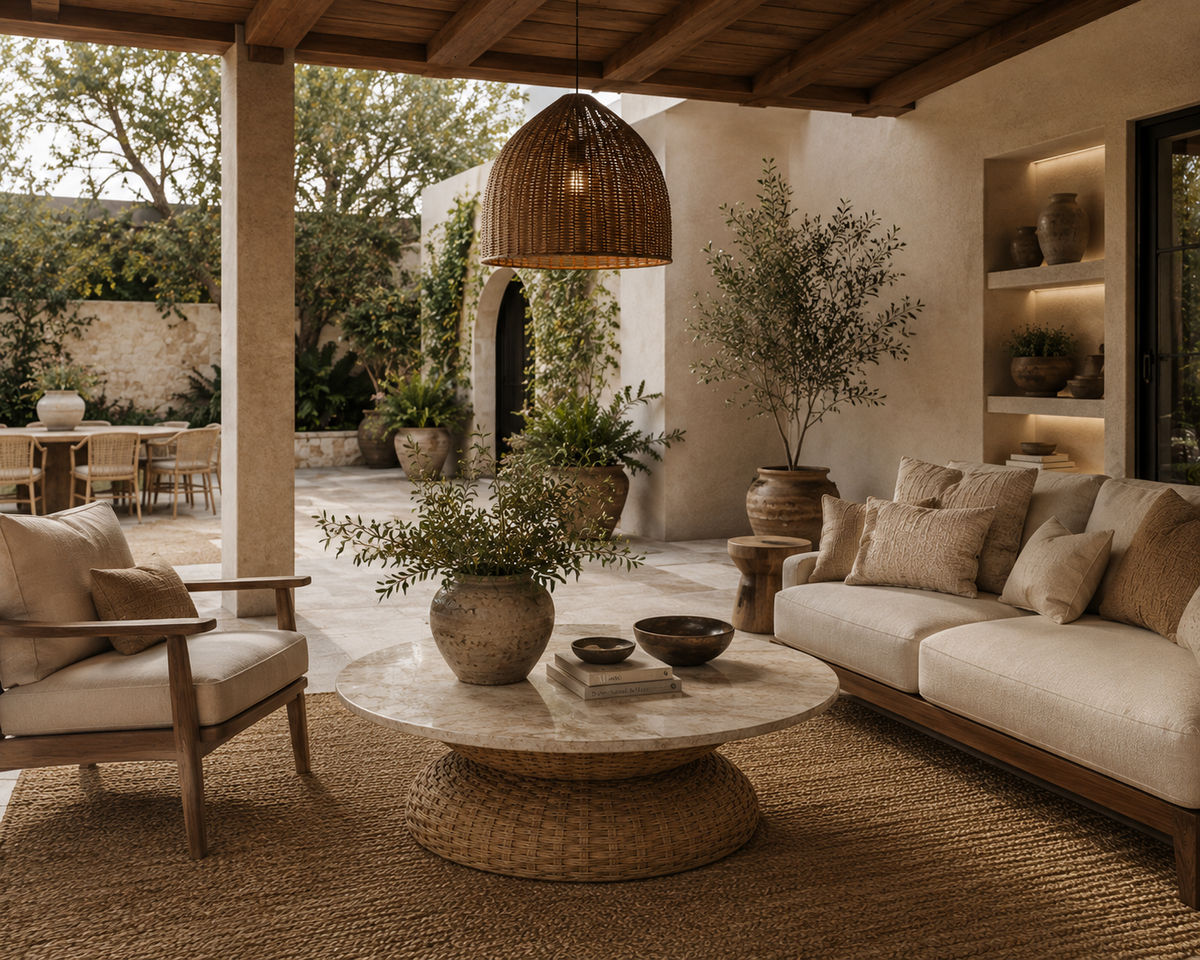 Sabine Round Marble & Rattan Coffee Table – Organic Modern Design