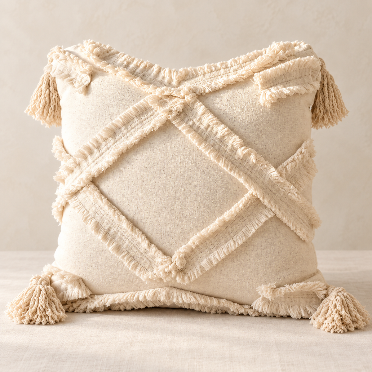 Laia natural macrame fringe pillow cover with raised tufted diamond detail