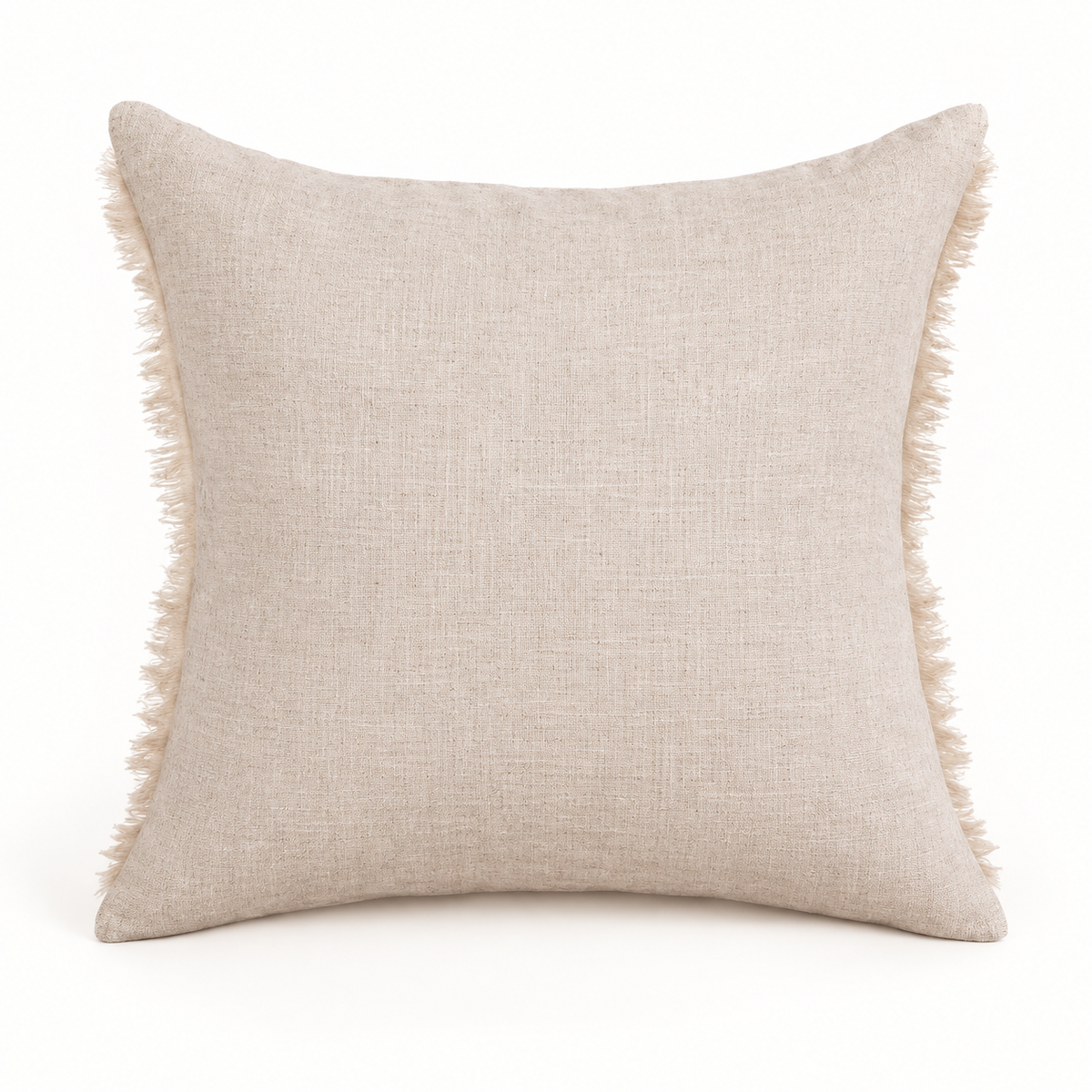 Natural beige raw linen pillow cover with fringe edges on two sides