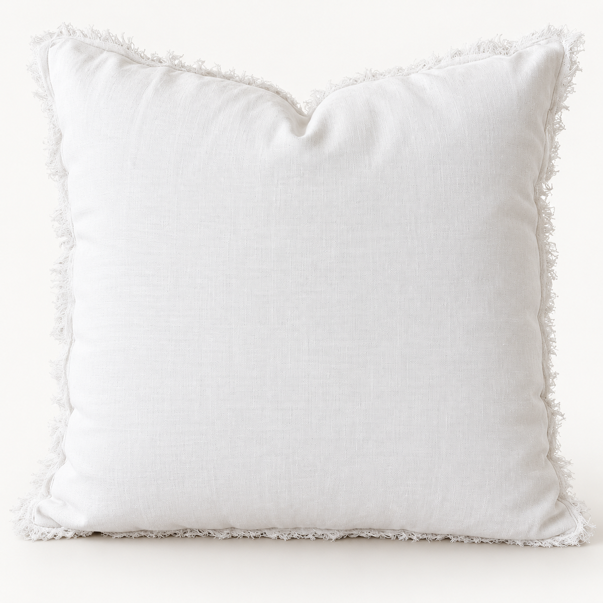 White raw linen pillow cover with fringe edges 
