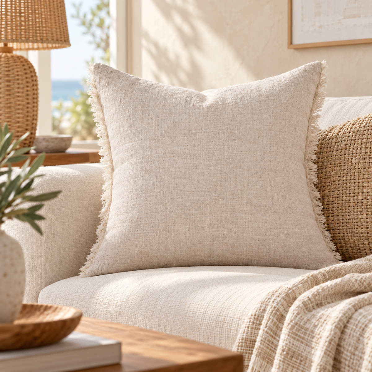 Natural beige raw linen pillow cover with fringe edges