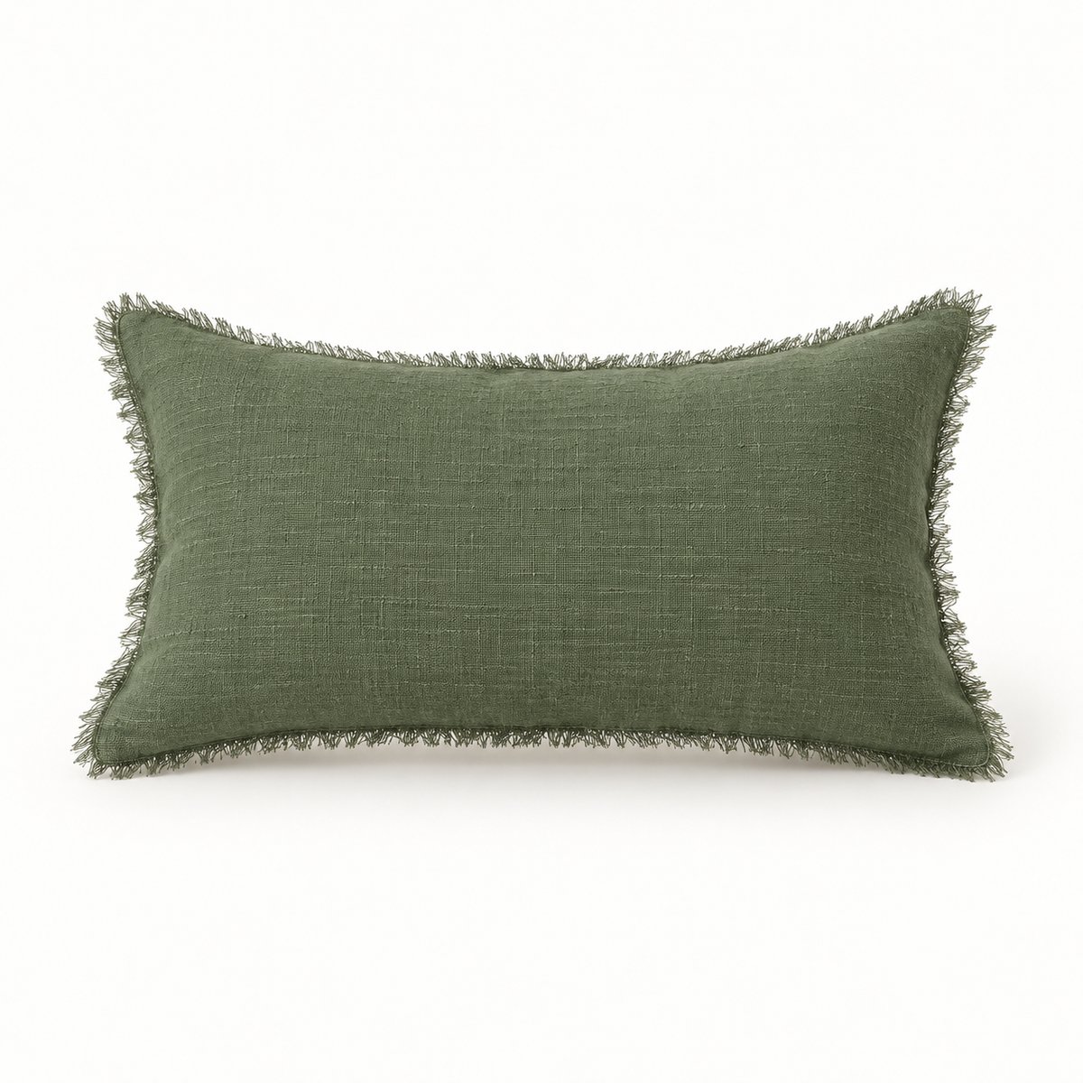 Olive green 24 x 13.8 inch lumbar raw linen pillow cover with fringe edges on a warm white background