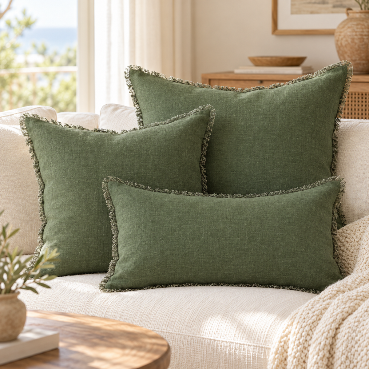 Freya Raw Linen Pillow Cover – Olive Green
