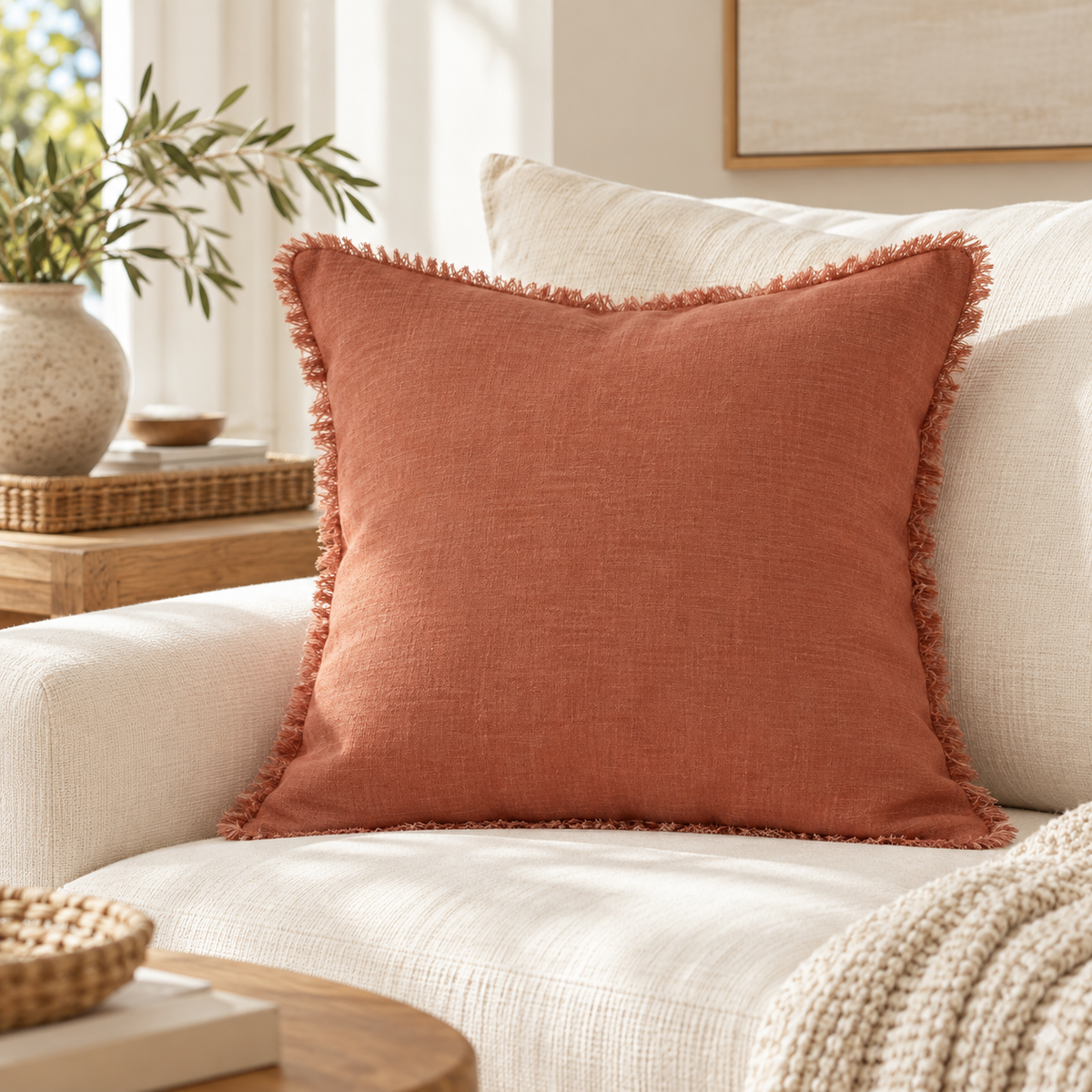 Freya Raw Linen Pillow Cover - Terracotta