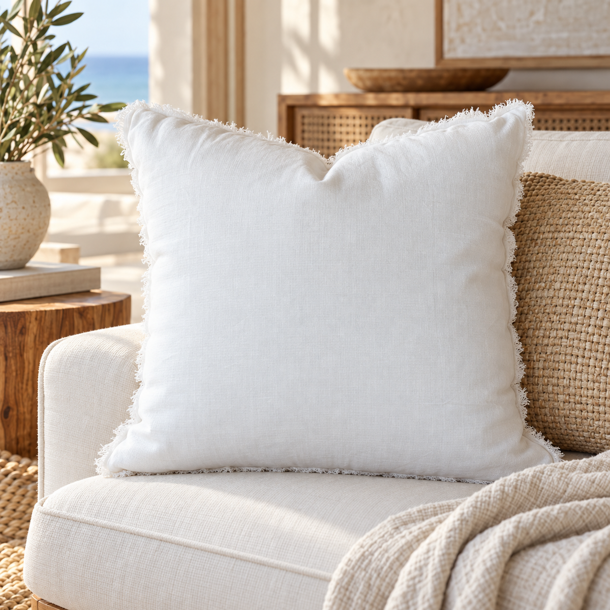 White raw linen pillow cover with fringe edges