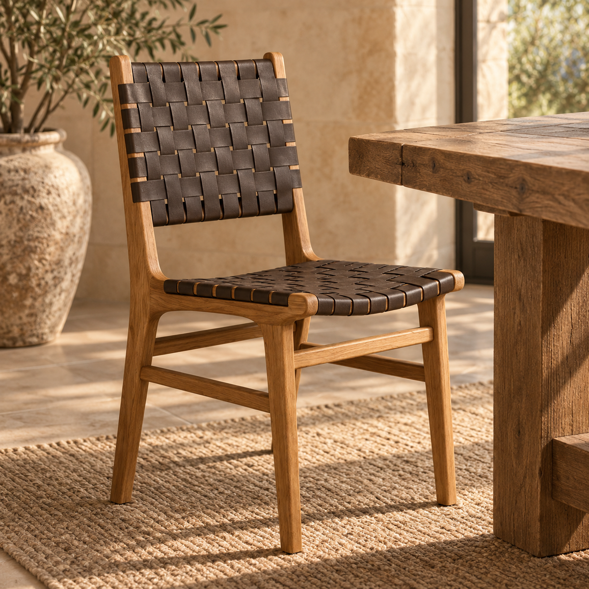 Gatlin solid teak dining chair with handwoven dark brown leather beside a reclaimed teak dining table