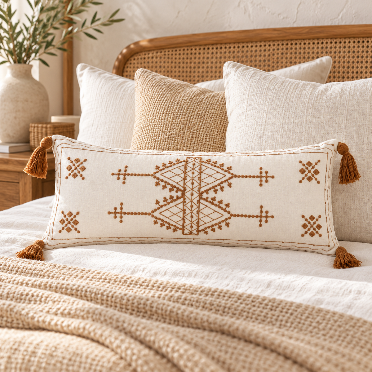 Hazel embroidered cotton lumbar pillow cover with brown tassels