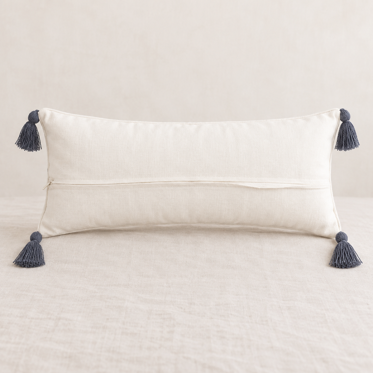 Hazel Embroidered Cotton Lumbar Pillow Cover with Tassels – Blue