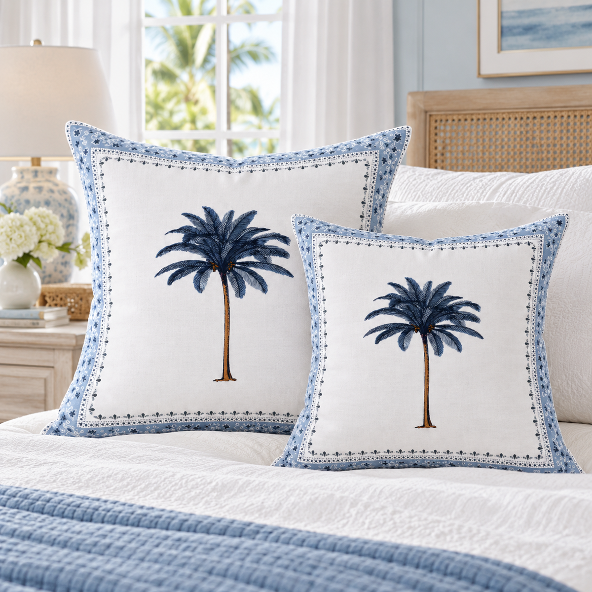 Imperial Palm Blue Linen Pillow Cover