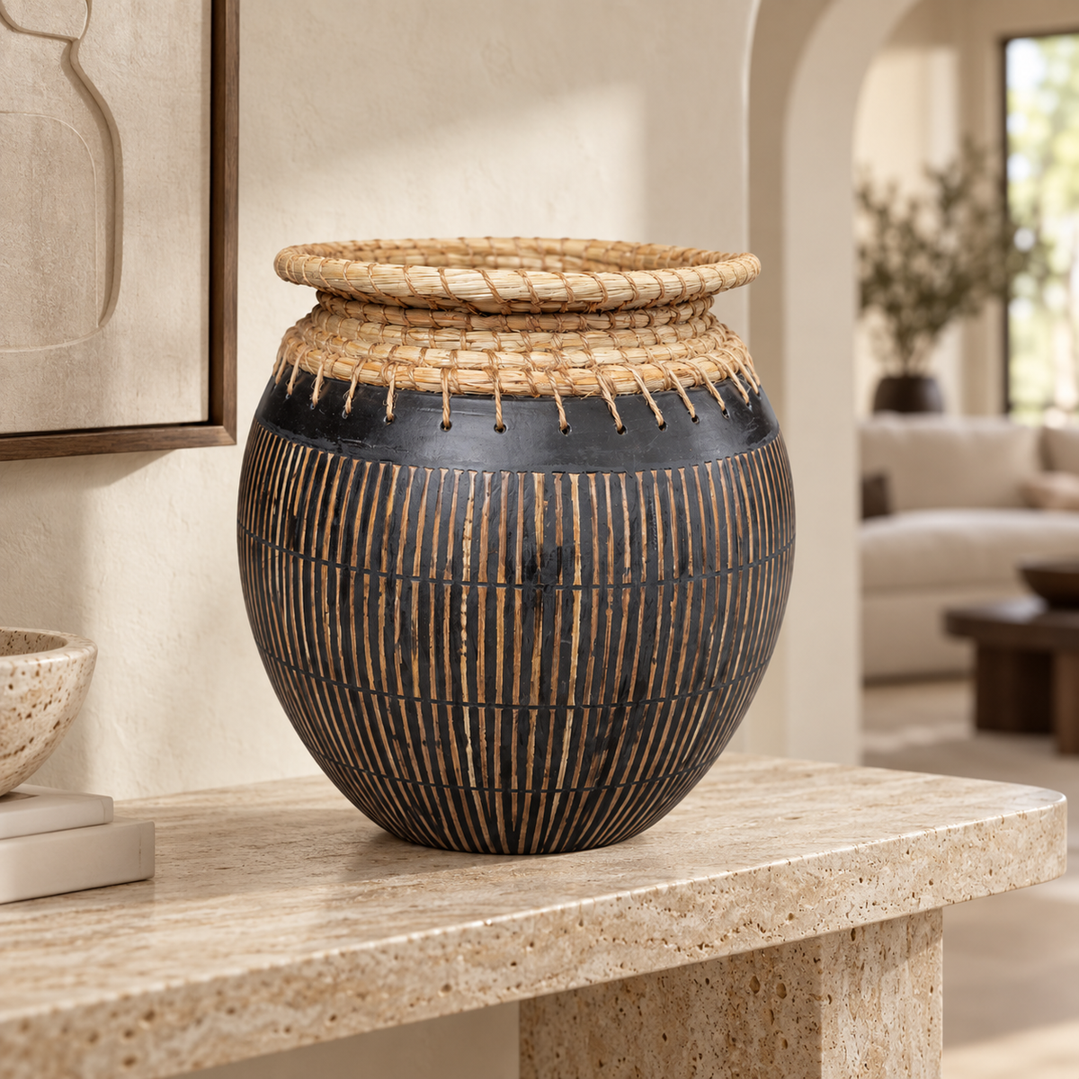 Jaylani black terracotta vase with handwoven rim and carved vertical details