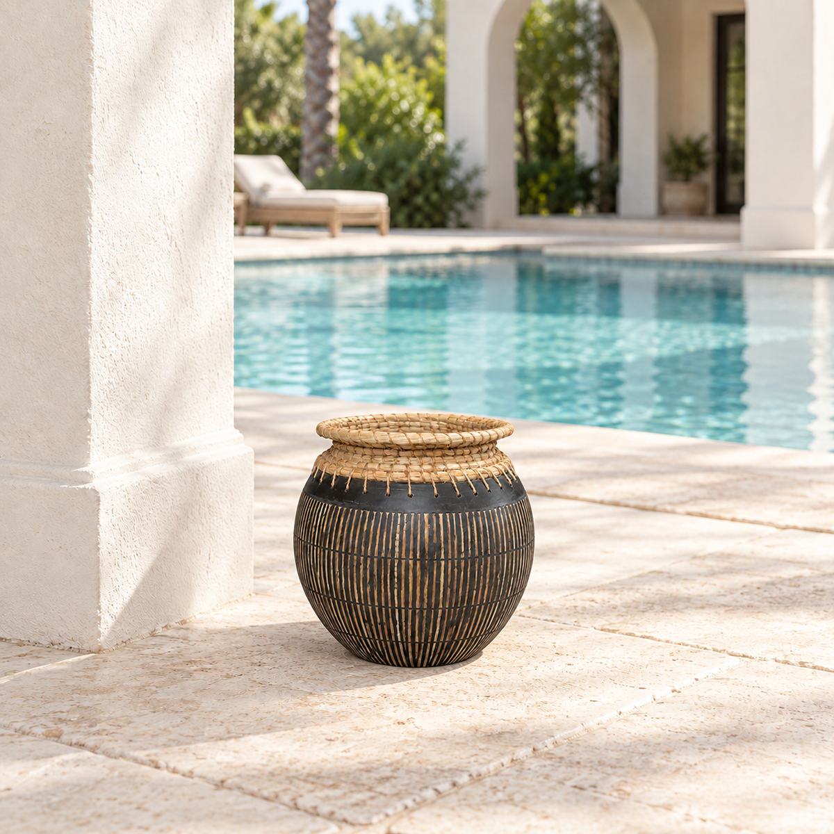 Jaylani black terracotta vase with handwoven rim on a bright poolside patio