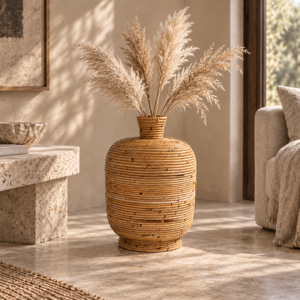 Joseph handcrafted natural bamboo vase with a rounded body and hand-wrapped horizontal texture