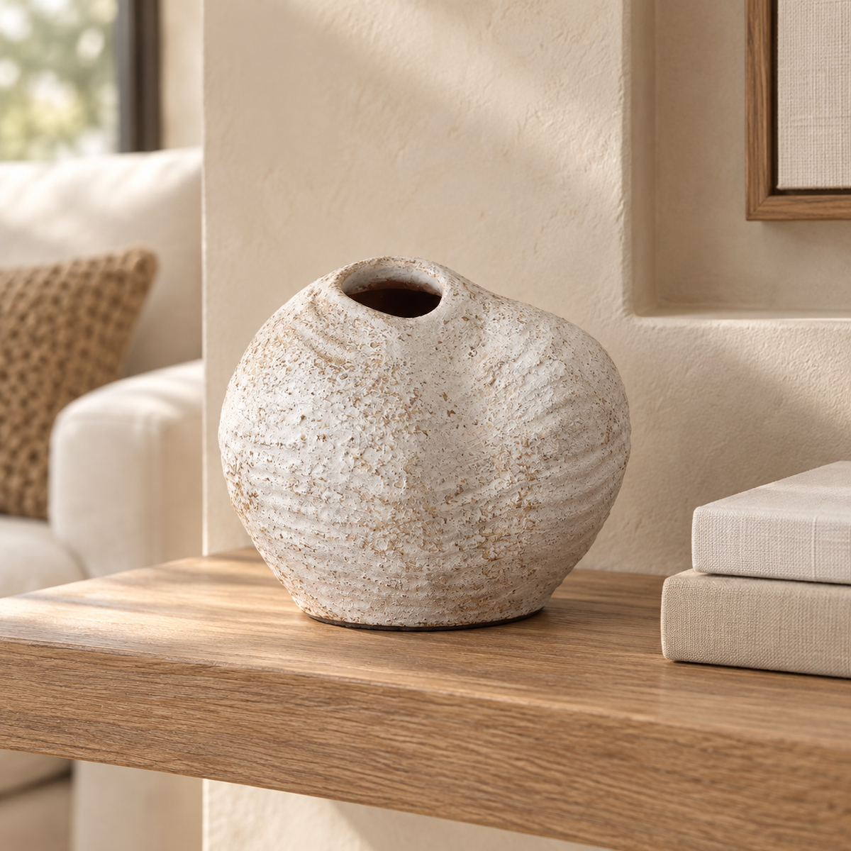 Kiara handcrafted clay vase with a low rounded form, offset opening and distressed warm-white textured finish