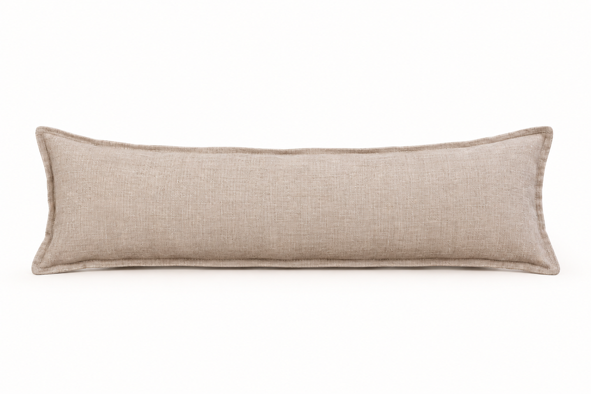 Kalea natural linen long lumbar pillow cover with stitched edge detail