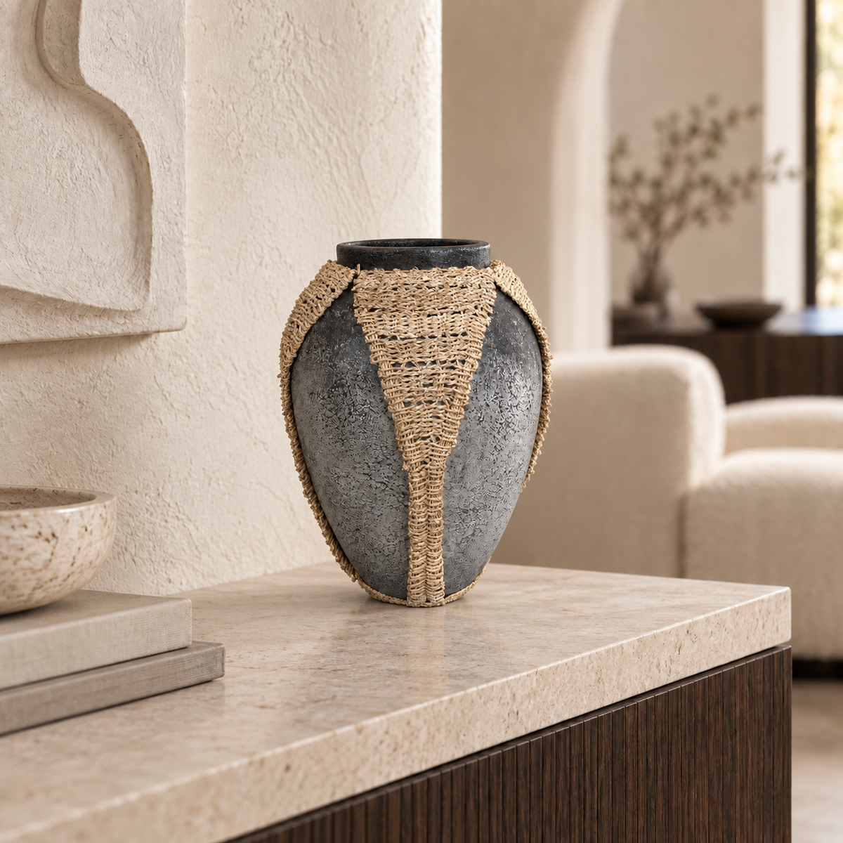 Kaliah charcoal terracotta vase with handwoven natural fiber panels