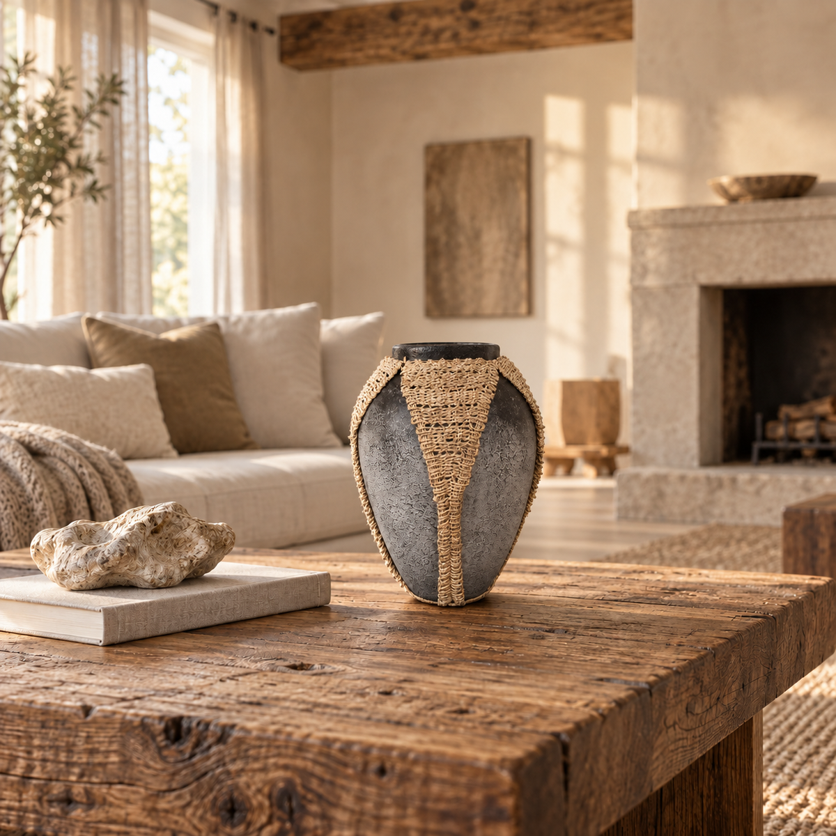 Kaliah Charcoal Terracotta Vase with Handwoven Fiber Detail