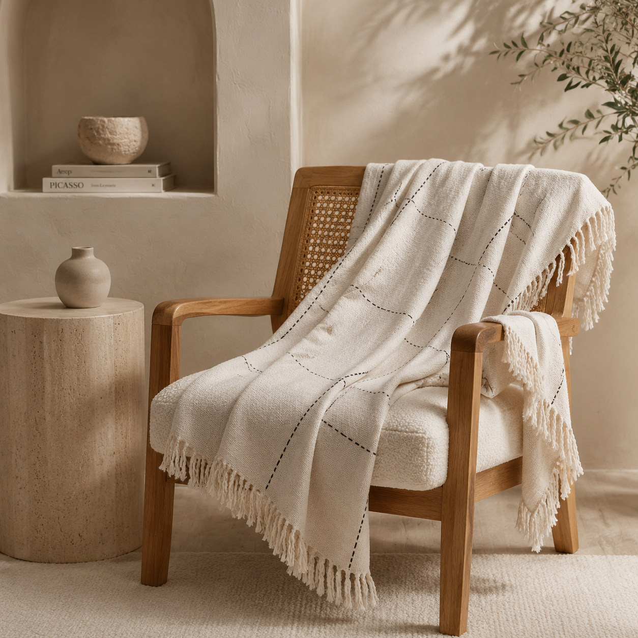 Kiara Artisan-Stitched Cotton Throw – Natural