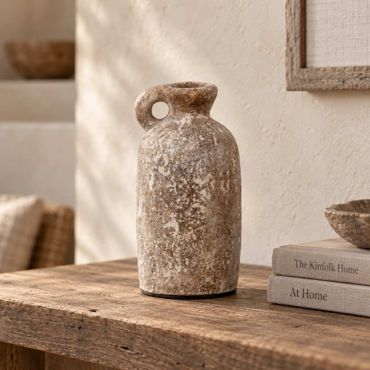 Koa petite handcrafted clay vase with a loop handle and distressed brown and cream finish