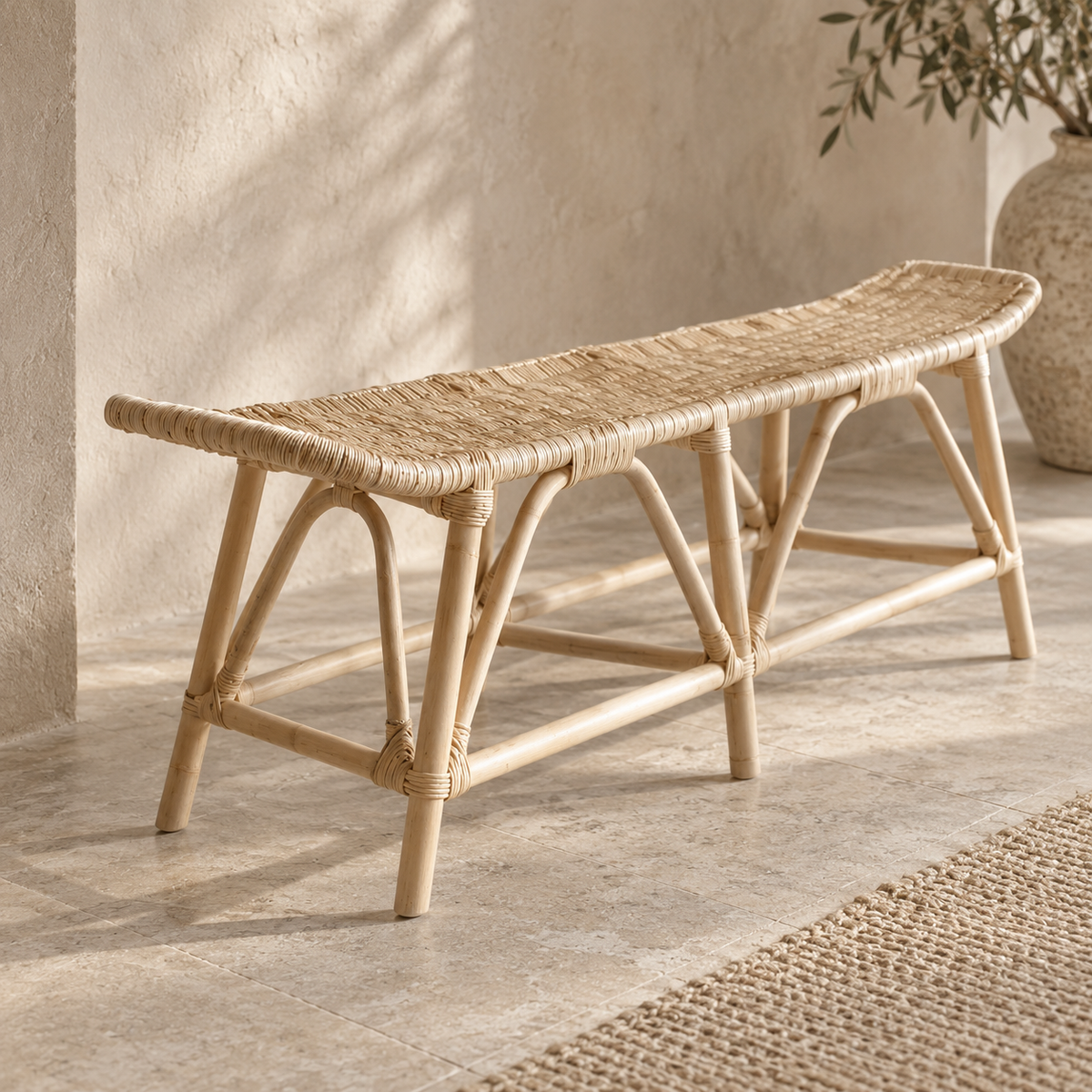 Lionel Natural Rattan Bench – Modern Textured Entryway & Bedroom Seating