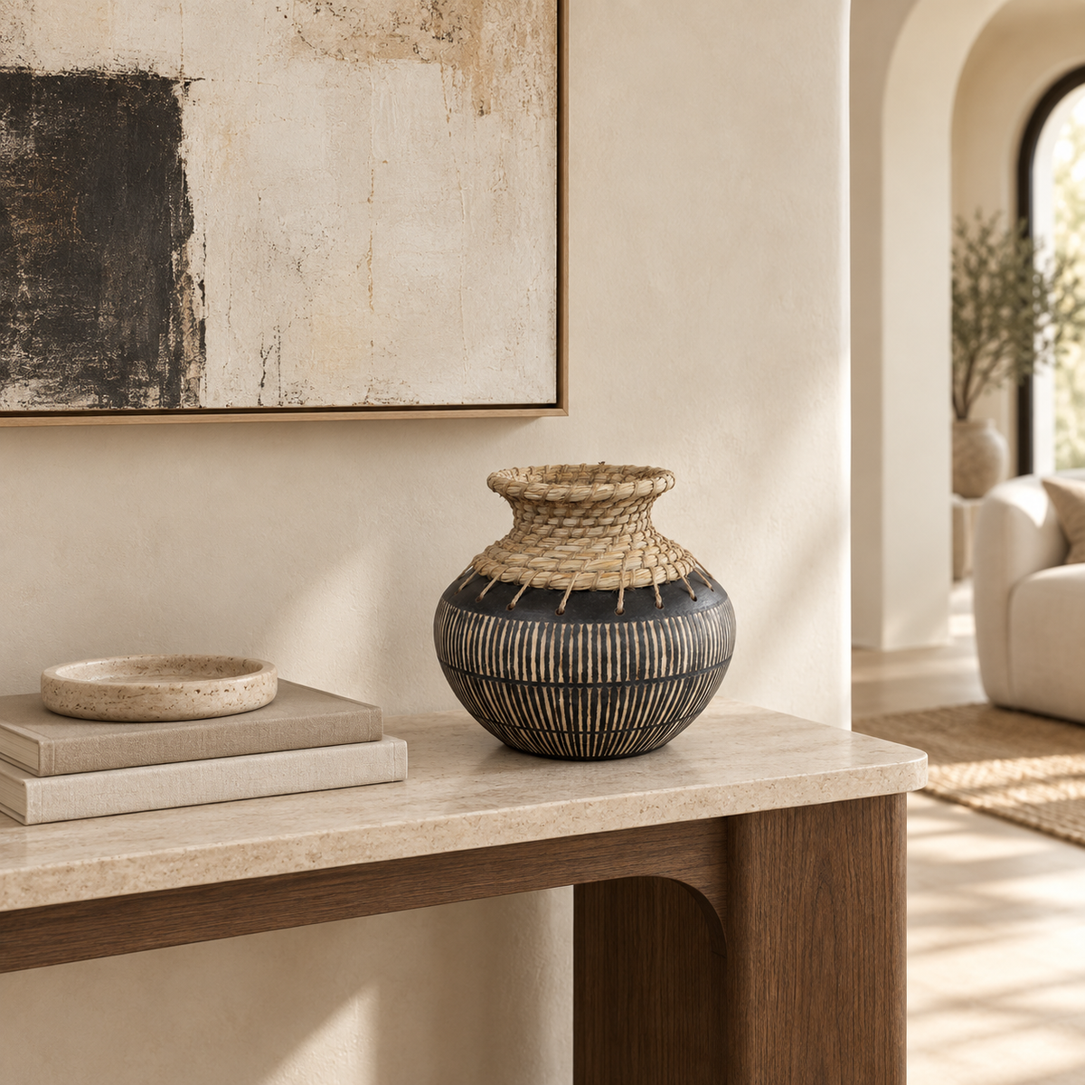 Luana black terracotta vase with handwoven fiber neck and linear details