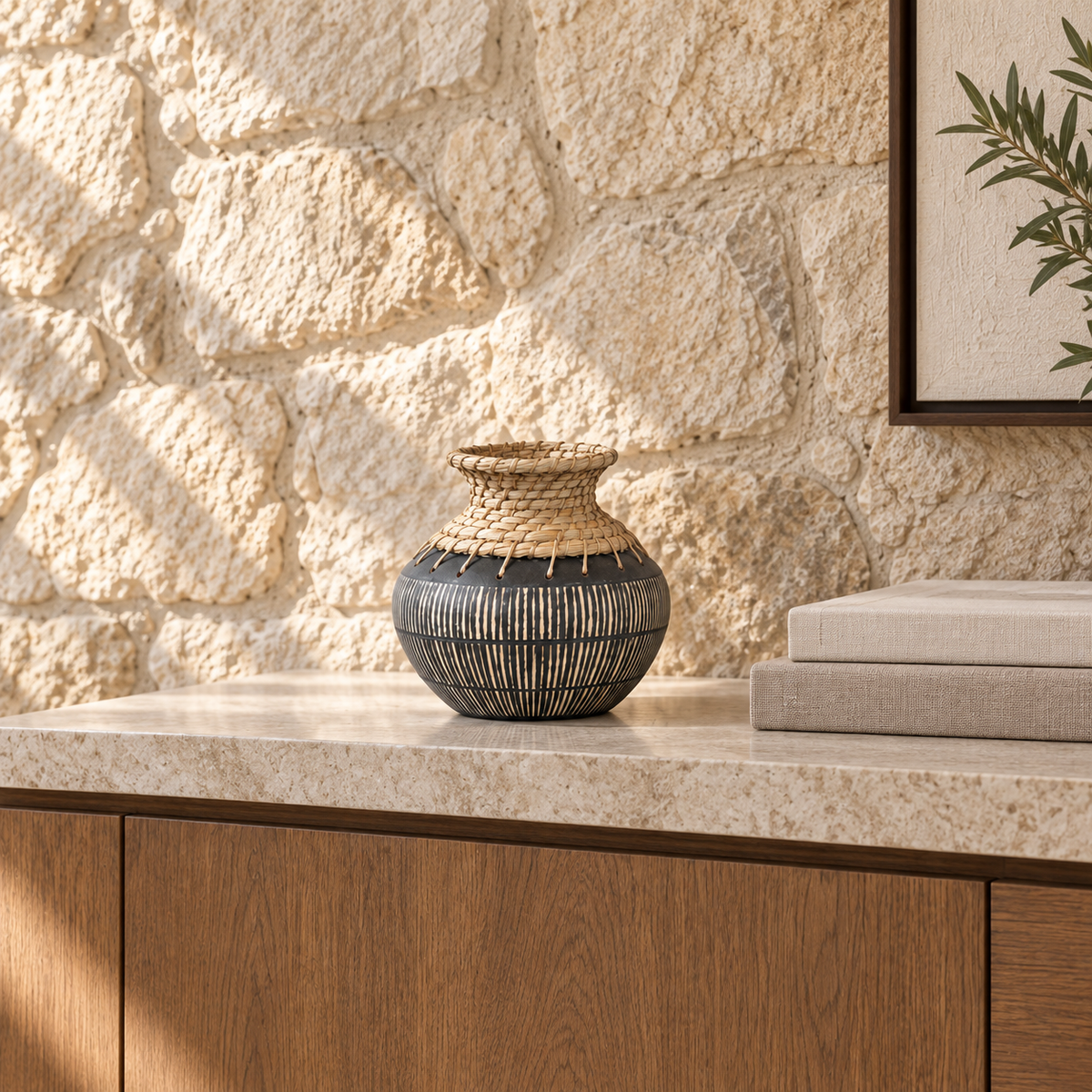 Luana Black Terracotta Vase with Handwoven Fiber Neck