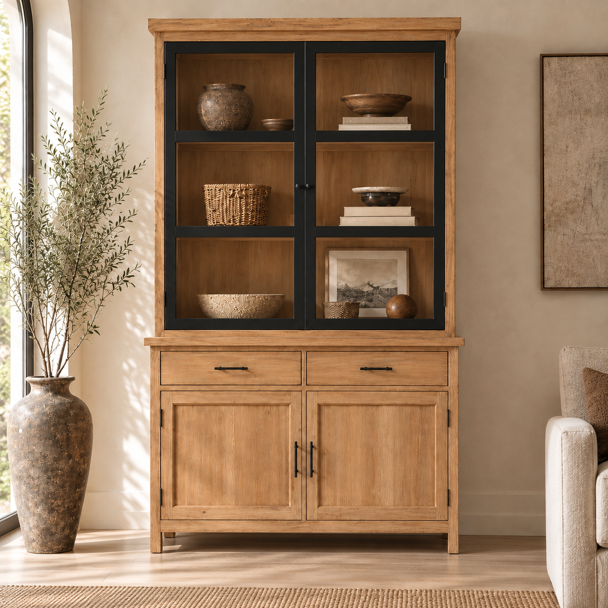 Front view of the Magnolia natural wood display cabinet with black-framed glass doors and lower storage.