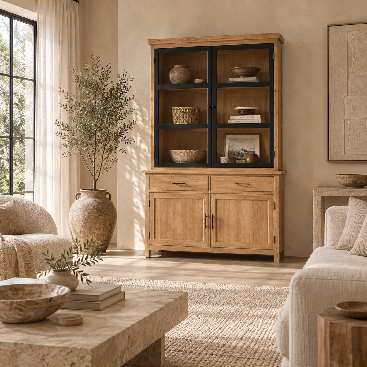 Magnolia Natural Wood & Glass Display Cabinet