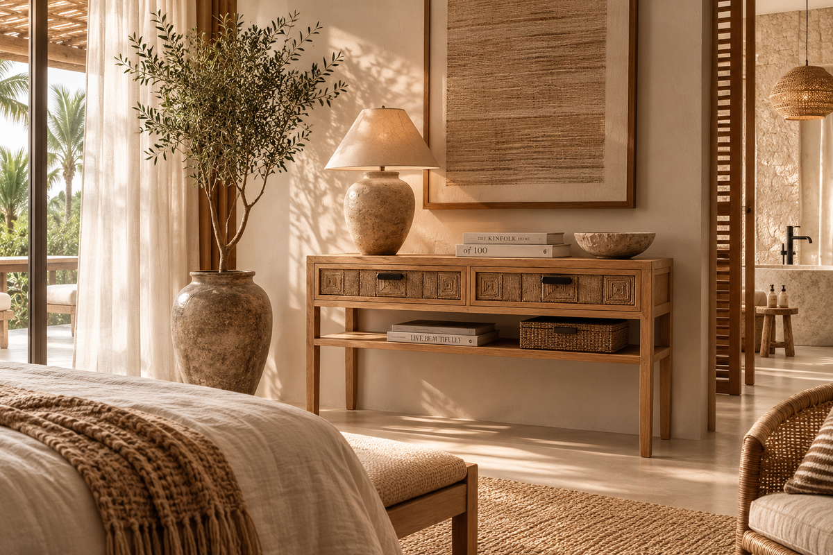 Makaya Reclaimed Teak Console Table with Woven Drawers – Artisan Design
