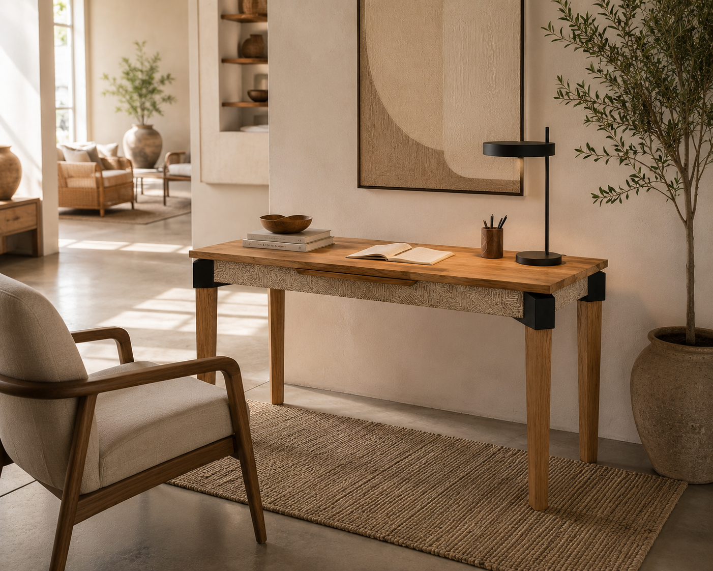 Makira Teak Wood Desk with Carved Detail – Industrial Artisan Design