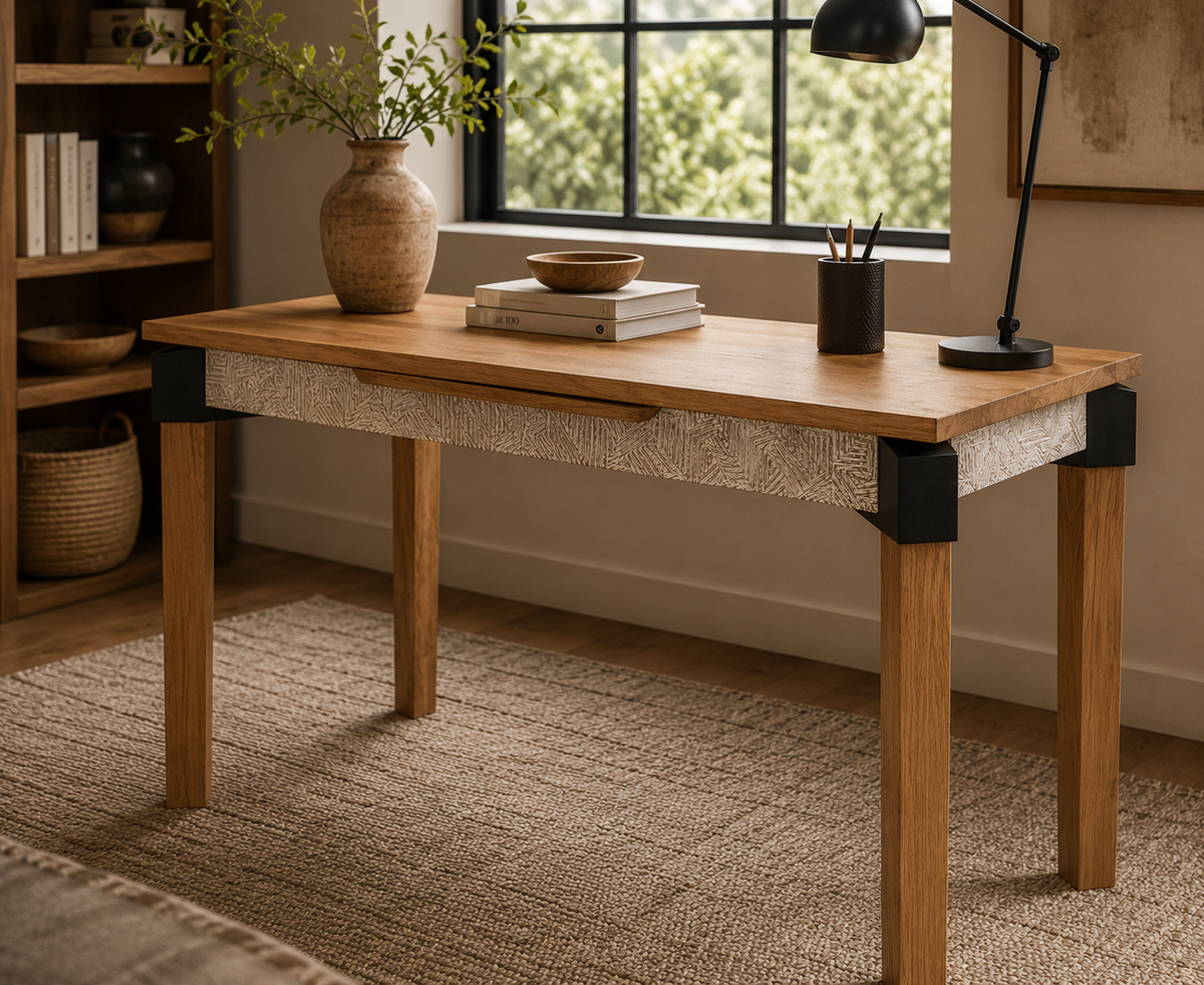 Makira Teak Wood Desk with Carved Detail – Industrial Artisan Design