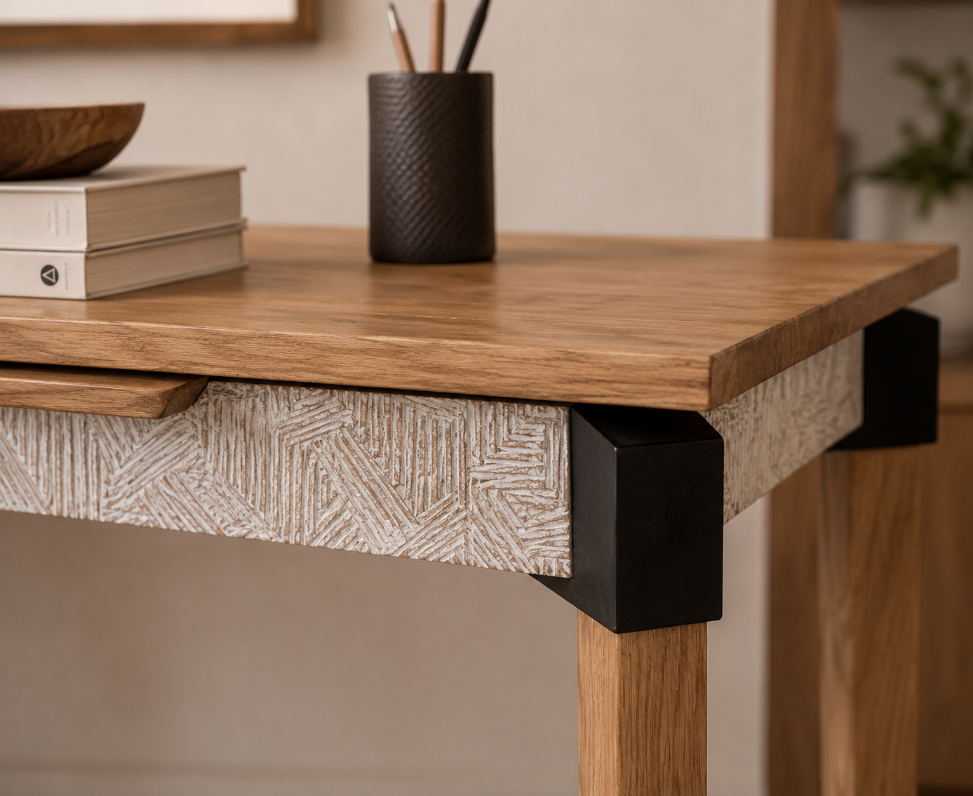 Makira Teak Wood Desk with Carved Detail – Industrial Artisan Design