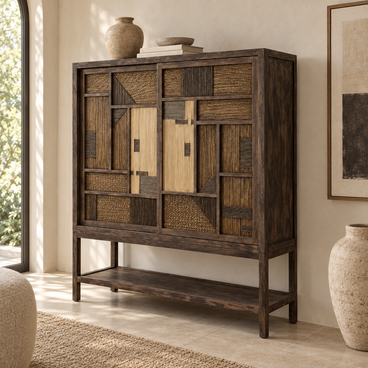 Makoa Solid Teak Cabinet with Handwoven Rattan Doors