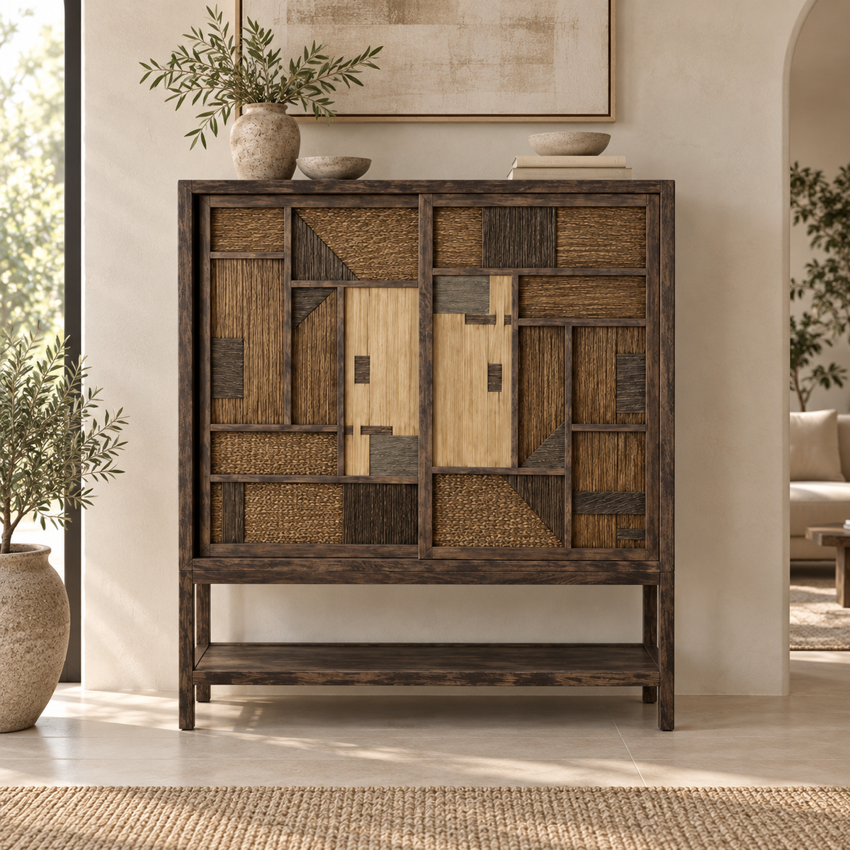 Makoa Solid Teak Cabinet with Handwoven Rattan Doors
