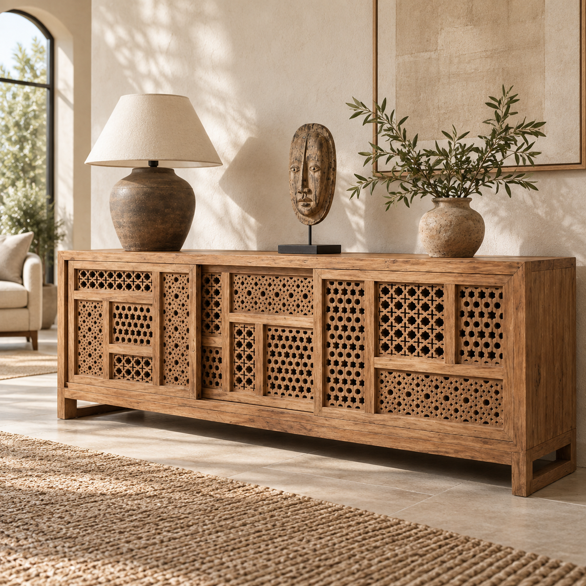 Angled close-up of the Malik solid teak sideboard’s patchwork geometric carving and natural wood grain.