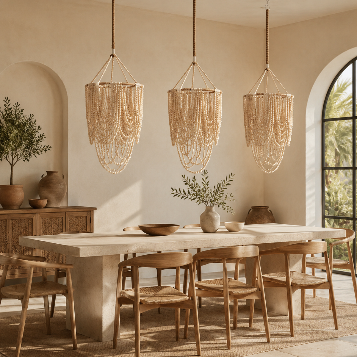 Marbella Hand-Beaded Wood Pendant Light – Medium