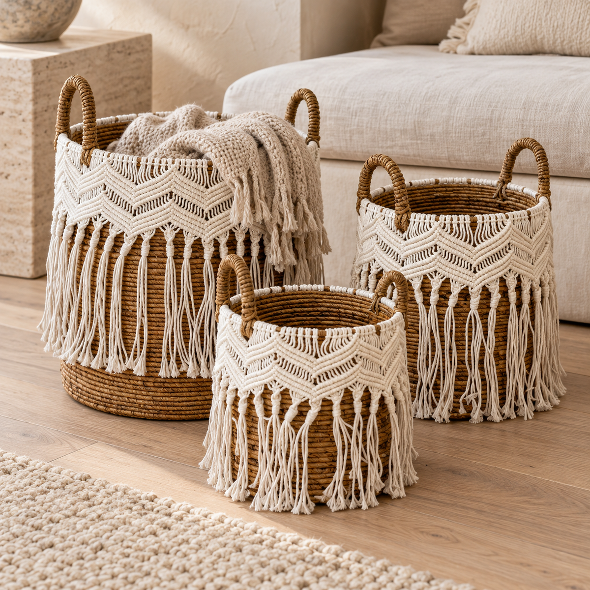 Marina handwoven natural fiber baskets in three sizes with ivory macramé and fringe detailing.
