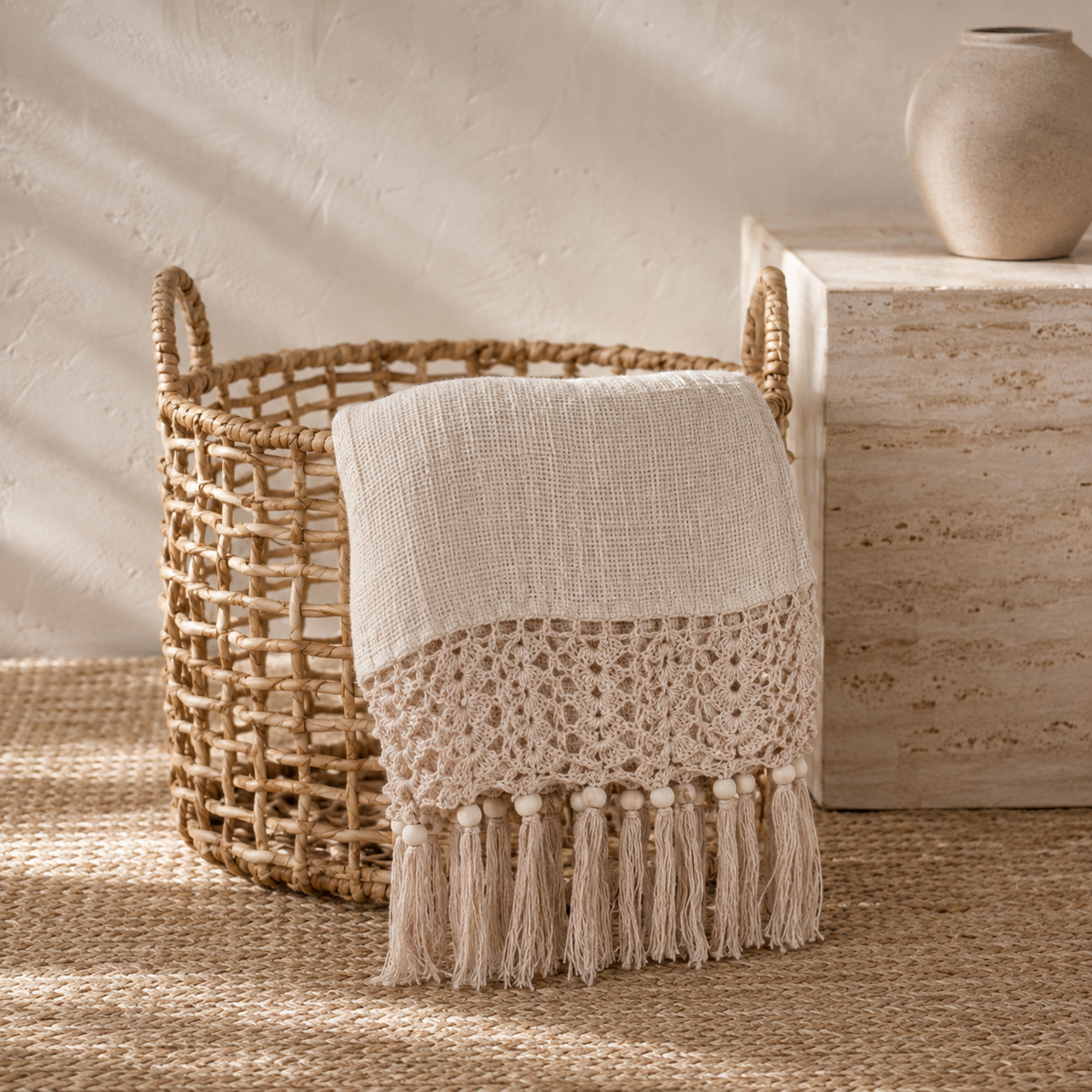 Marina Jute & Cotton Crochet Throw – Natural