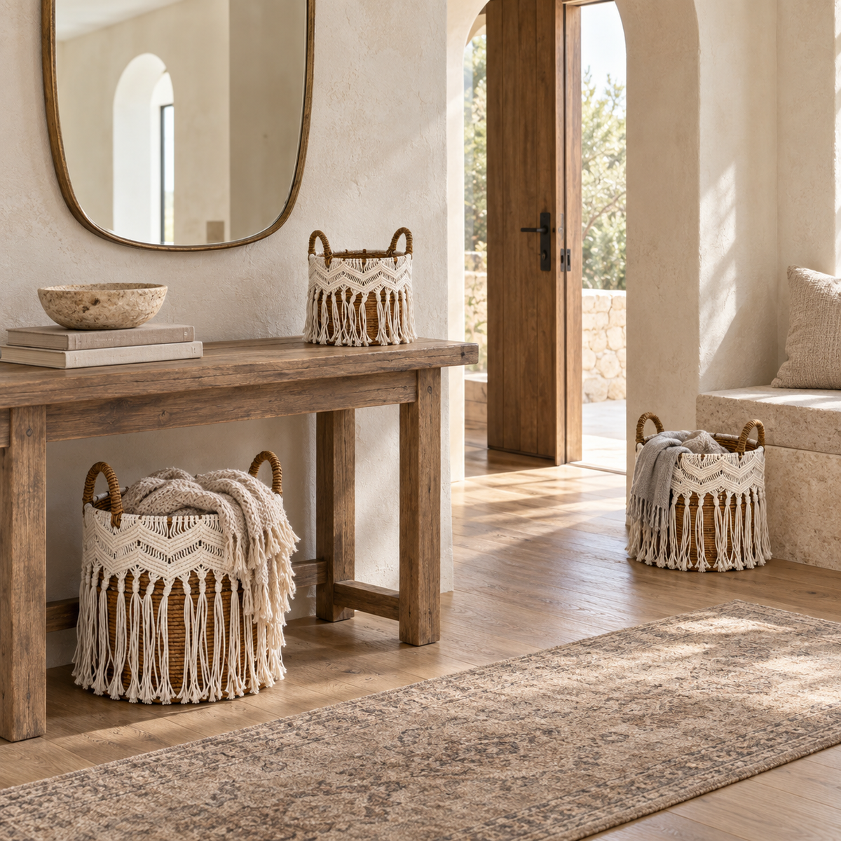 Marina Handwoven Natural Fiber Basket with Macramé Detail