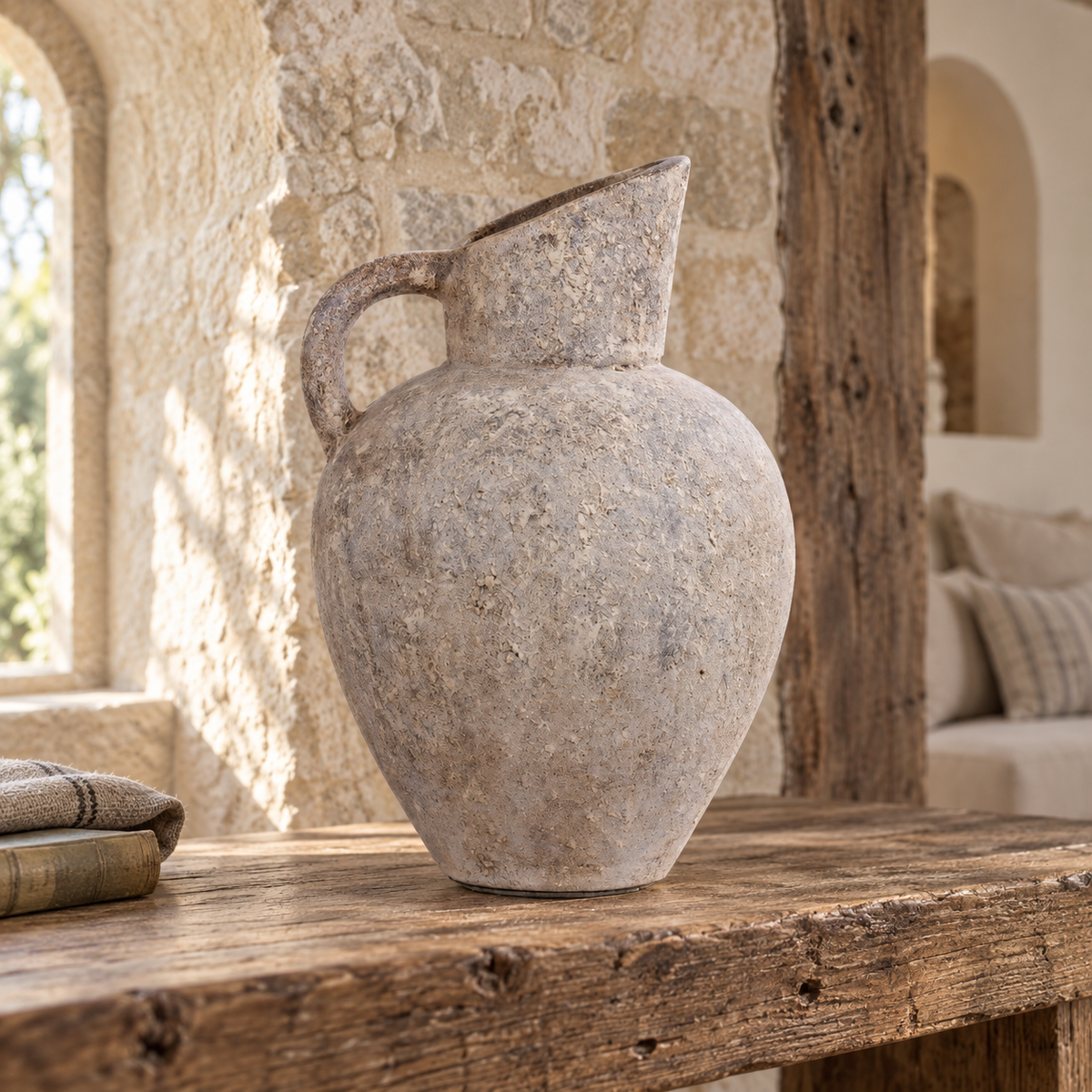 Marisol large handcrafted clay amphora vase displayed on a reclaimed wood console in an organic rustic stone home