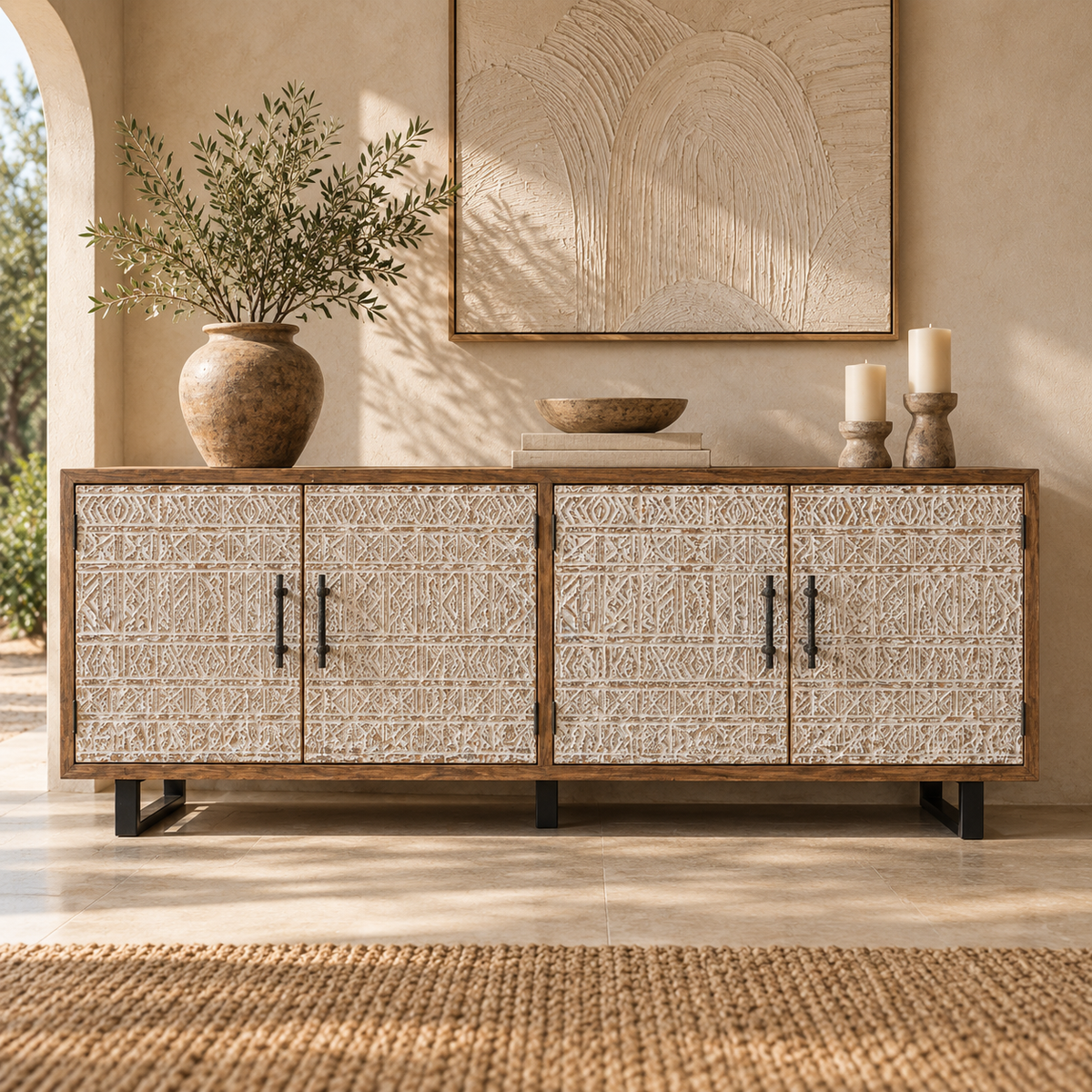 Marjorie reclaimed teakwood sideboard with four whitewashed hand-carved doors